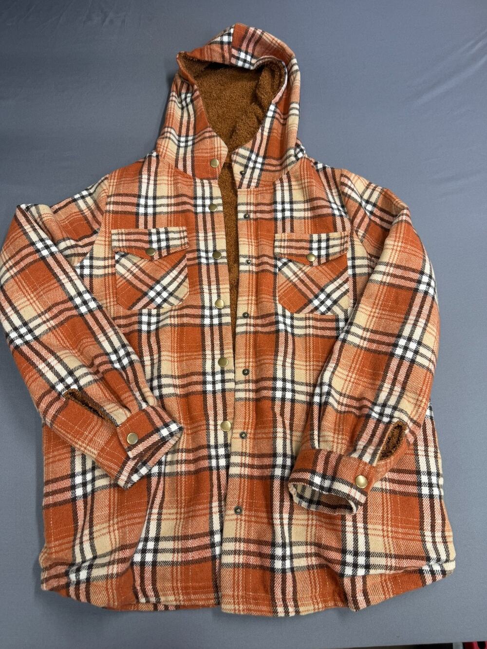 Women’s warm lined Plaid Flannel Jacket rust colored with hood Size Medium